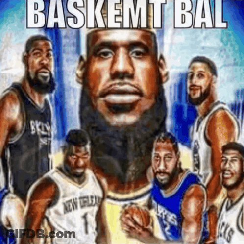 A Group Of Basketball Players Standing Next To Each Other With The Words Baskemt Bal Written On The Bottom GIF