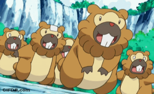 A Group Of Beaver Cartoon Characters Are Standing In A Line GIF