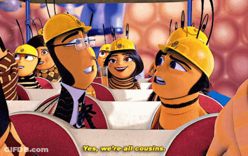 A Group Of Bees Wearing Hard Hats Are Sitting In A Row And One Of Them Says Yes We Are All Cousins GIF