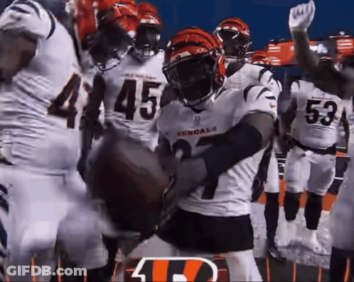 A Group Of Bengals Football Players Celebrating A Touchdown GIF