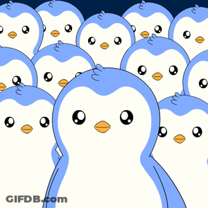 A Group Of Blue And White Penguins With Orange Beaks Are Standing Together GIF