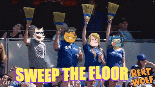 A Group Of Blue Jays Fans Holding Brooms In The Air With The Words Sweep The Floor Behind Them GIF
