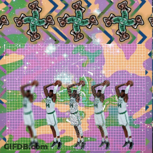 A Group Of Boston Celtics Basketball Players On A Purple And Green Background GIF