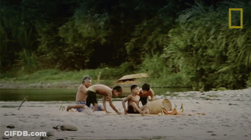 A Group Of Boys Are Playing On A Beach With A National Geographic Logo In The Corner GIF