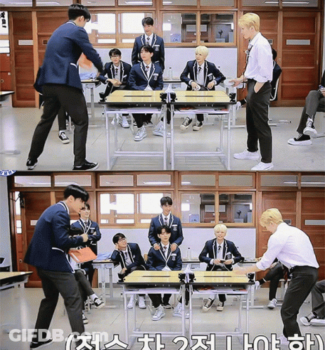 A Group Of Boys Are Sitting At Desks In A Classroom With Korean Writing On The Bottom Left GIF