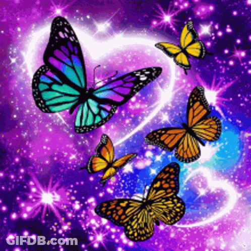 A Group Of Butterflies Are Flying Around A Heart On A Purple Background GIF