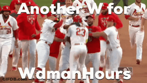 A Group Of Cardinals Baseball Players Are Running On The Field With The Caption Another W For Wdman Hours GIF