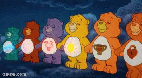 A Group Of Care Bears Are Standing In A Line GIF