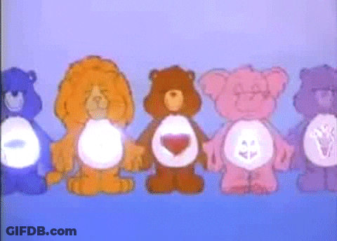 A Group Of Care Bears Are Standing In A Row On A Blue Background . GIF