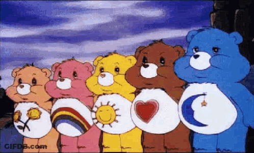 A Group Of Care Bears Standing Next To Each Other In A Row . GIF