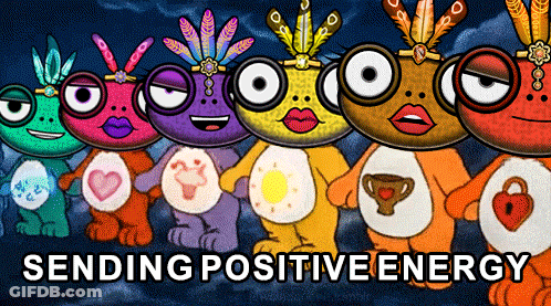 A Group Of Care Bears Standing Next To Each Other With The Words " Sending Positive Energy " Written Below Them GIF