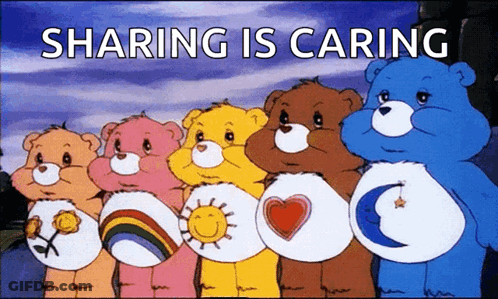 A Group Of Care Bears Standing Next To Each Other With The Words Sharing Is Caring Written Above Them GIF