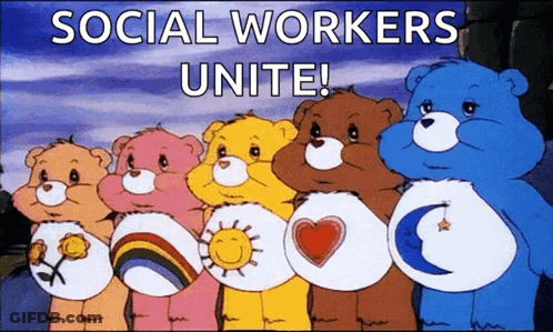 A Group Of Care Bears Standing Next To Each Other With The Words " Social Workers Unite " Written Above Them GIF