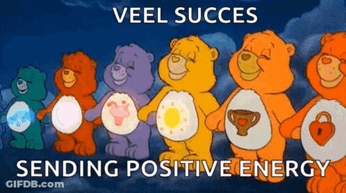 A Group Of Care Bears Standing Next To Each Other With The Words Veel Succes Sending Positive Energy GIF