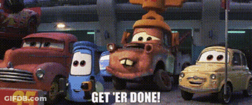 A Group Of Cars Are Standing Next To Each Other With The Words Get 'Er Done On The Bottom GIF