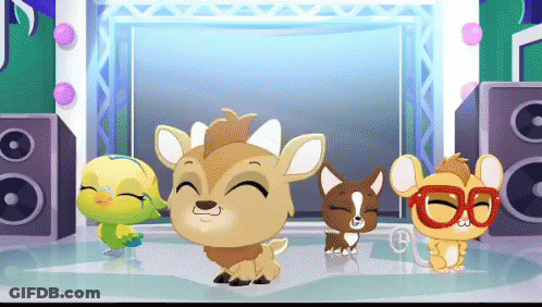 A Group Of Cartoon Animals Are Dancing On A Stage With Speakers GIF