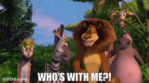 A Group Of Cartoon Animals Are Standing In The Jungle With The Words `` Who 'S With Me ? '' On The Bottom . GIF