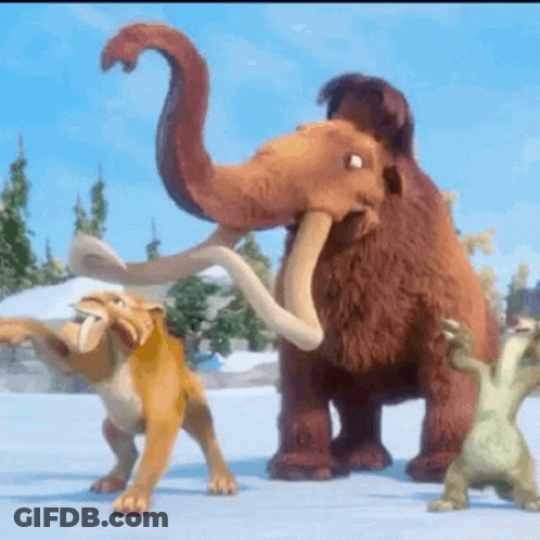 A Group Of Cartoon Animals Standing Next To Each Other Including A Mammoth GIF