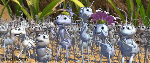 A Group Of Cartoon Ants Are Standing In The Dirt And One Has A Flower On Her Head GIF