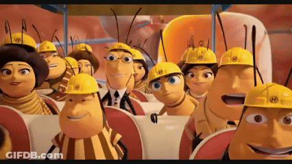A Group Of Cartoon Bees Wearing Hard Hats Are Sitting On A Bus GIF
