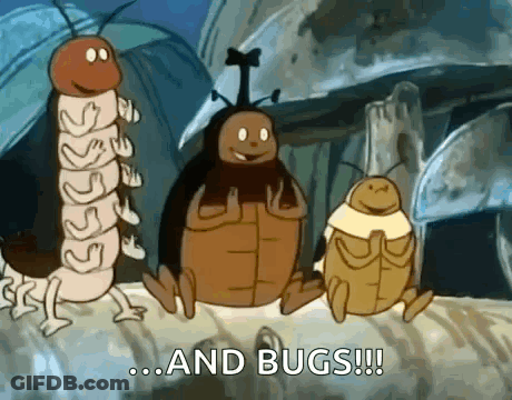 A Group Of Cartoon Bugs Are Standing Next To Each Other With The Words `` And Bugs '' Written In The Corner . GIF