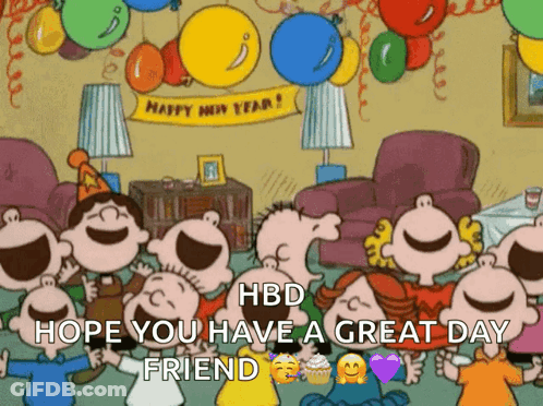 A Group Of Cartoon Characters Are Celebrating A Birthday With Balloons And A Sign That Says Happy New Year GIF