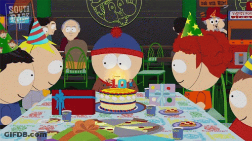 A Group Of Cartoon Characters Are Celebrating Stan 'S 18Th Birthday In South Park GIF