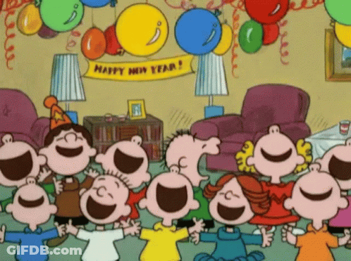 A Group Of Cartoon Characters Are Celebrating The New Year GIF