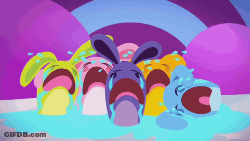 A Group Of Cartoon Characters Are Crying In A Pool Of Water GIF