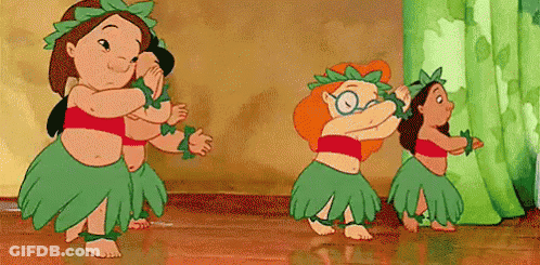 A Group Of Cartoon Characters Are Dancing A Hula Together . GIF