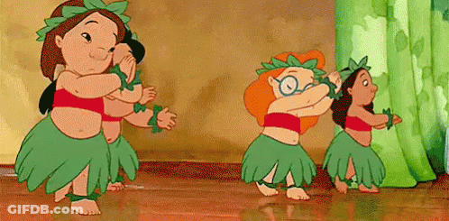A Group Of Cartoon Characters Are Dancing A Hula Together . GIF