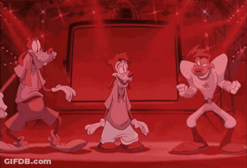 A Group Of Cartoon Characters Are Dancing In A Dark Room GIF
