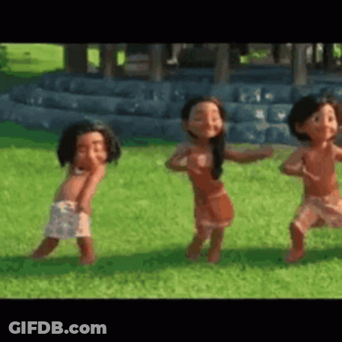 A Group Of Cartoon Characters Are Dancing In A Field . GIF