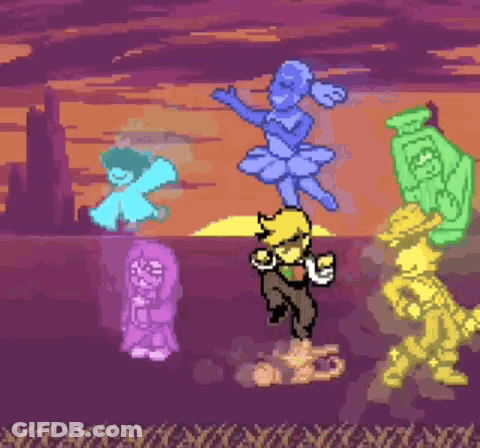 A Group Of Cartoon Characters Are Dancing In A Purple And Orange Background . GIF