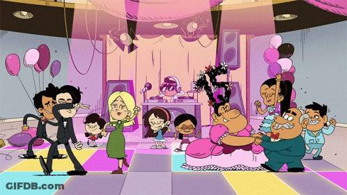 A Group Of Cartoon Characters Are Dancing In A Room With Pink Balloons GIF