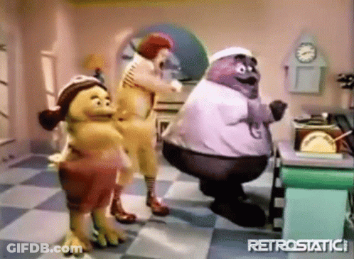 A Group Of Cartoon Characters Are Dancing In A Room With The Word Retrostatic On The Bottom Right GIF