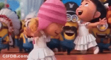 A Group Of Cartoon Characters Are Dancing In Front Of A Crowd Of Minions . GIF