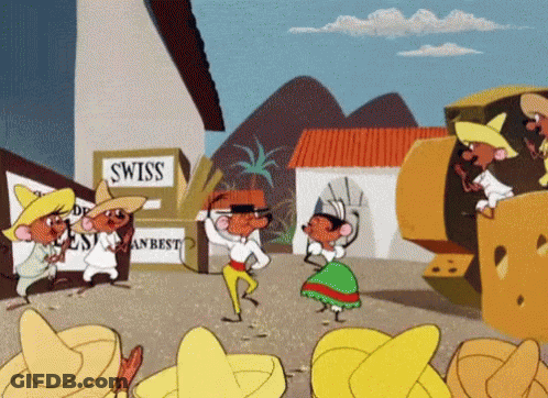 A Group Of Cartoon Characters Are Dancing In Front Of A Swiss Sign GIF