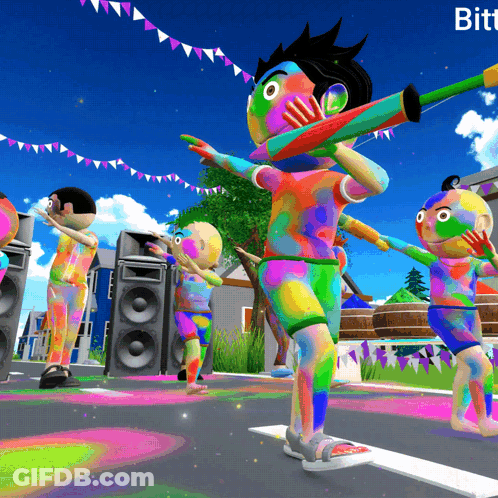 A Group Of Cartoon Characters Are Dancing In Front Of Speakers And The Word Bitt Is On The Bottom GIF