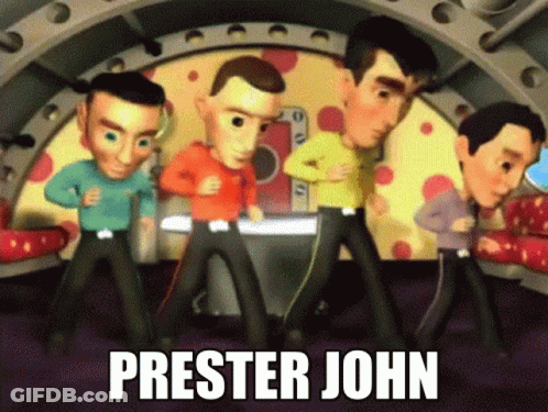 A Group Of Cartoon Characters Are Dancing With The Name Prestor John On The Bottom GIF