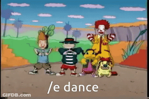 A Group Of Cartoon Characters Are Dancing With The Words / E Dance Written Below Them GIF