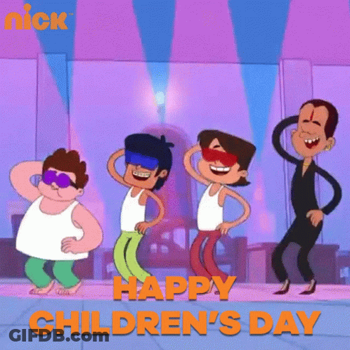 A Group Of Cartoon Characters Are Dancing With The Words Happy Children 'S Day Above Them GIF