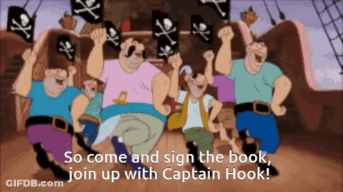 A Group Of Cartoon Characters Are Dancing With The Words So Come And Sign The Book Join Up With Captain Hook Below Them GIF