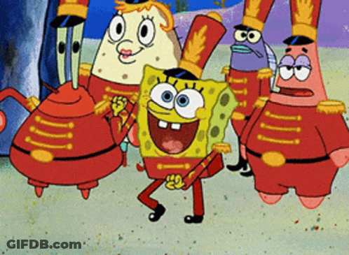 A Group Of Cartoon Characters Are Dressed In Red Uniforms GIF