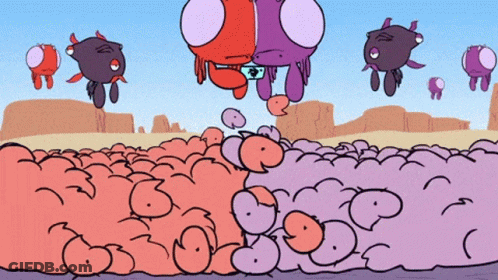 A Group Of Cartoon Characters Are Flying In The Air GIF