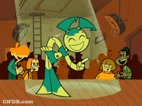A Group Of Cartoon Characters Are Gathered Around A Stage And One Of Them Is A Robot GIF