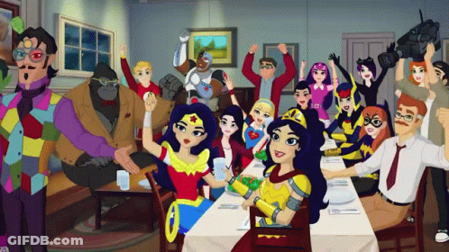 A Group Of Cartoon Characters Are Gathered Around A Table In A Room GIF