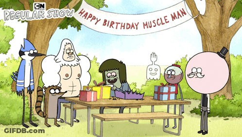 A Group Of Cartoon Characters Are Gathered Around A Table With A Banner That Says Happy Birthday Muscle Man GIF