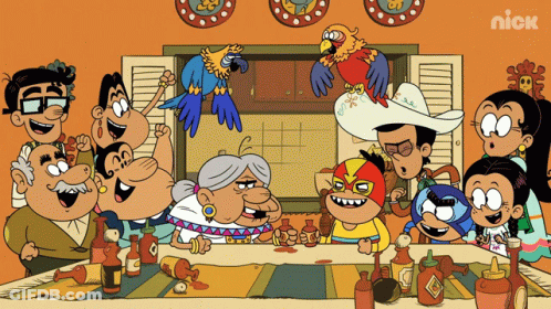 A Group Of Cartoon Characters Are Gathered Around A Table With Bottles Of Ketchup GIF
