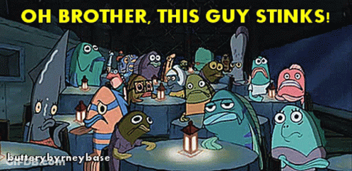 A Group Of Cartoon Characters Are Gathered Around A Table With The Caption " Oh Brother This Guy Stinks " GIF